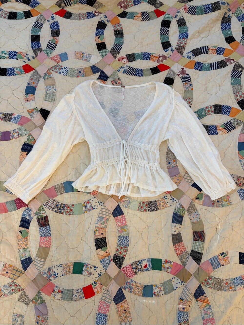Free People Cream Tie-Front Peplum Blouse